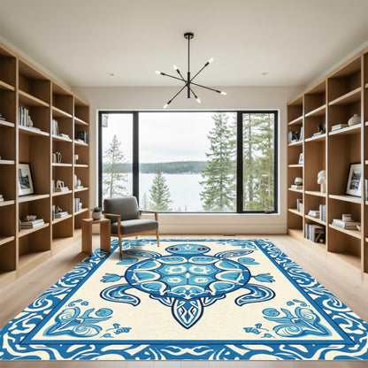 Whimsical Blue Turtle Floral Border Rug