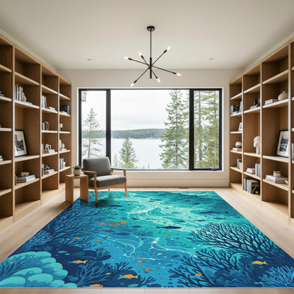 Aqua Ocean Coral Fish Swirl Rug
