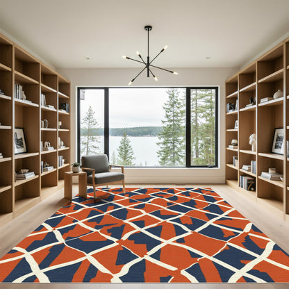 Orange Navy Interlocking Geometric Rug