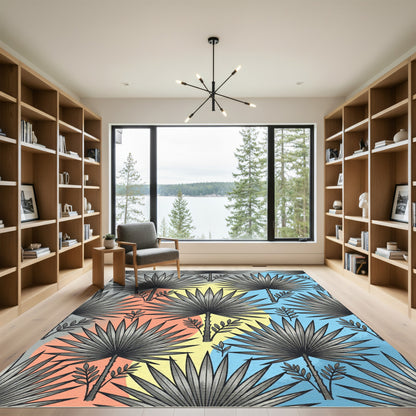Modern Tropical Gray Palm Leaf Art Rug