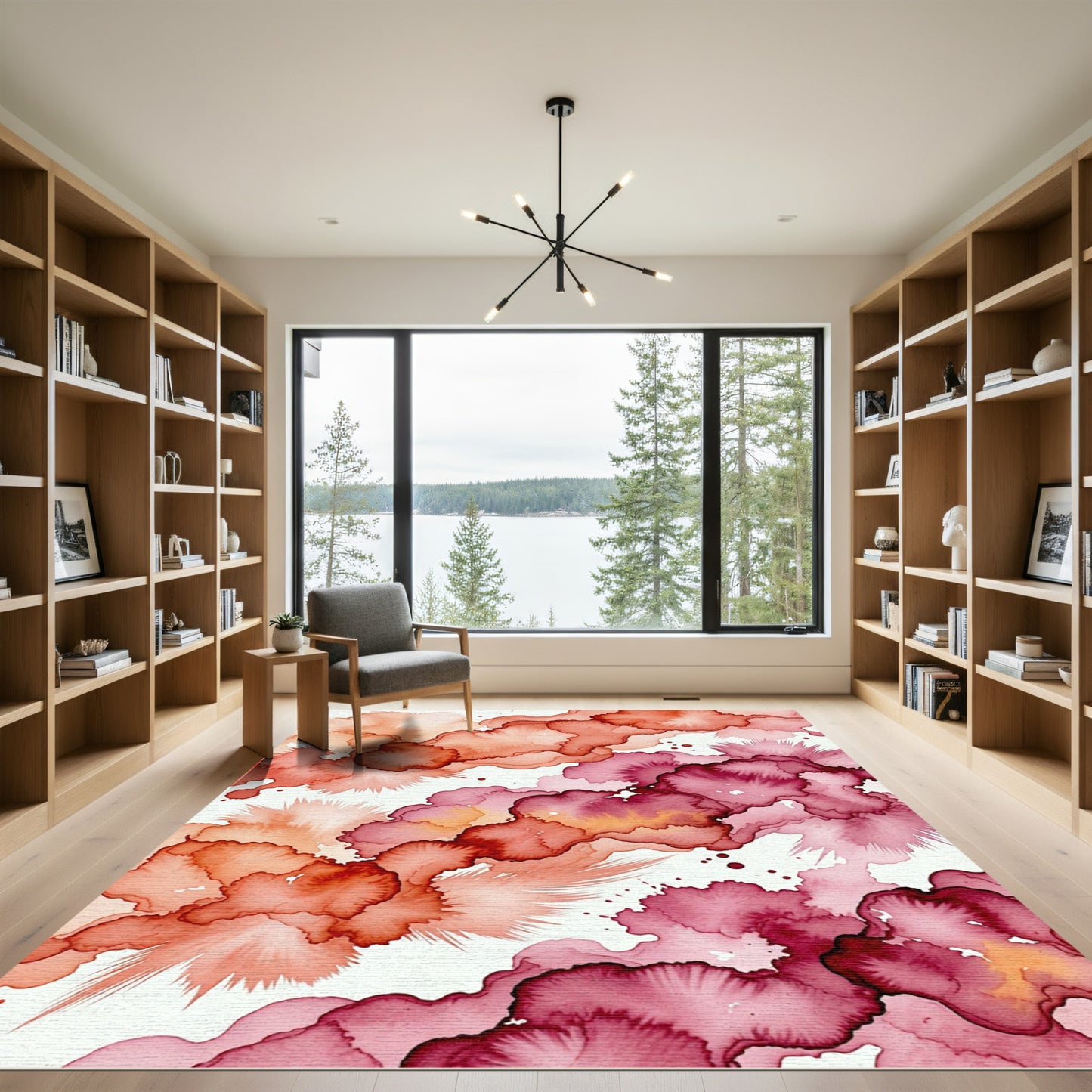 Vibrant Coral and Magenta Watercolor Abstract Rug