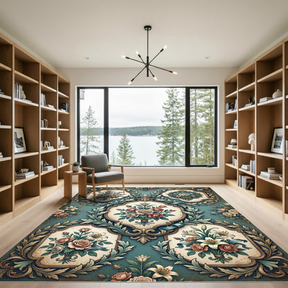 Vintage Teal Floral Bouquet Medallion Rug