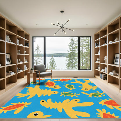 Whimsical Yellow Creatures Blue Background Rug