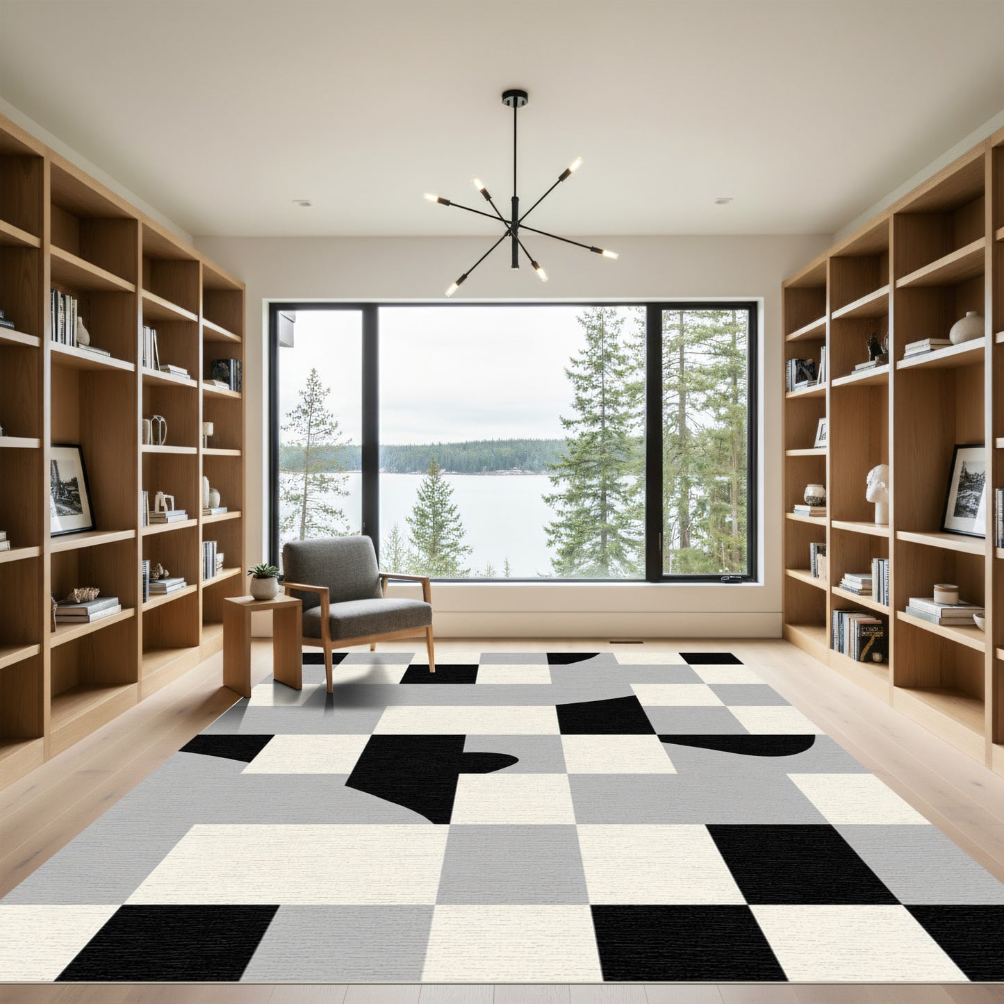 Abstract Geometric Black White Gray Composition Rug