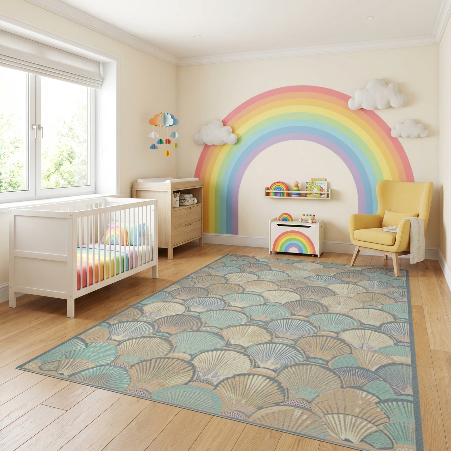 Teal Cream Scalloped Seashell Coastal Rug