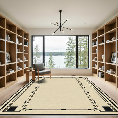 Geometric Black and Beige Border Rug