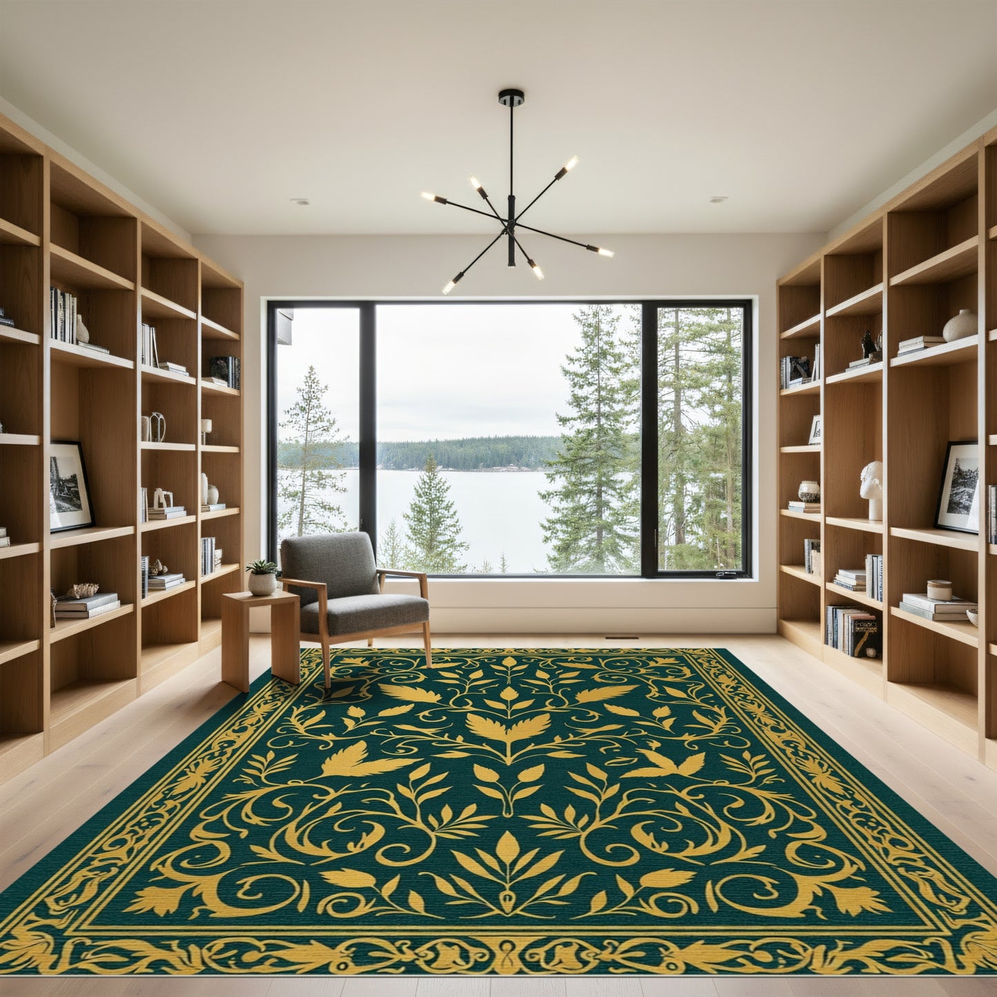 Gold Leaf Flourish on Deep Green Rug