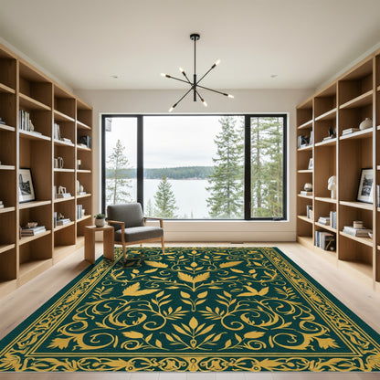 Gold Leaf Flourish on Deep Green Rug