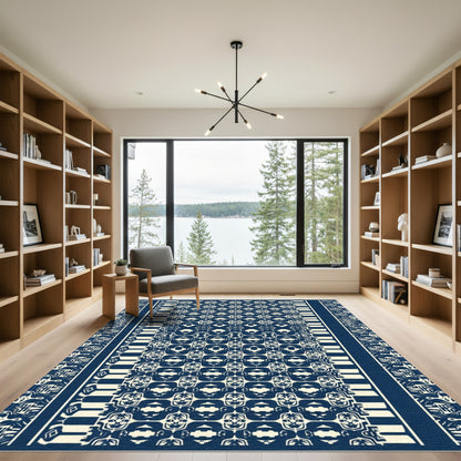 Deep Blue Cream Geometric Stripes Rug