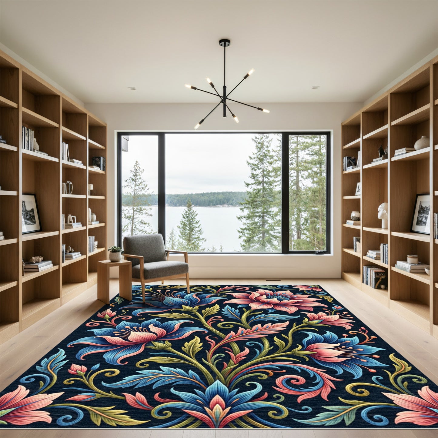 Vibrant Blue and Coral Floral Scroll Rug
