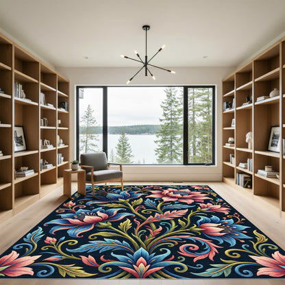 Vibrant Blue and Coral Floral Scroll Rug