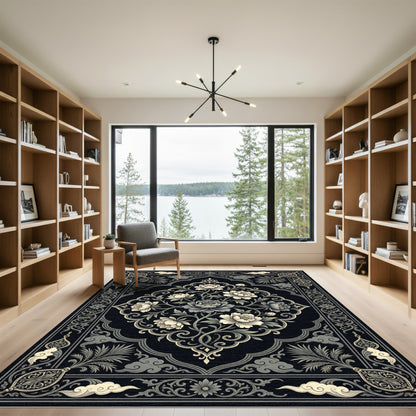 Traditional Black and Ivory Floral Medallion Rug
