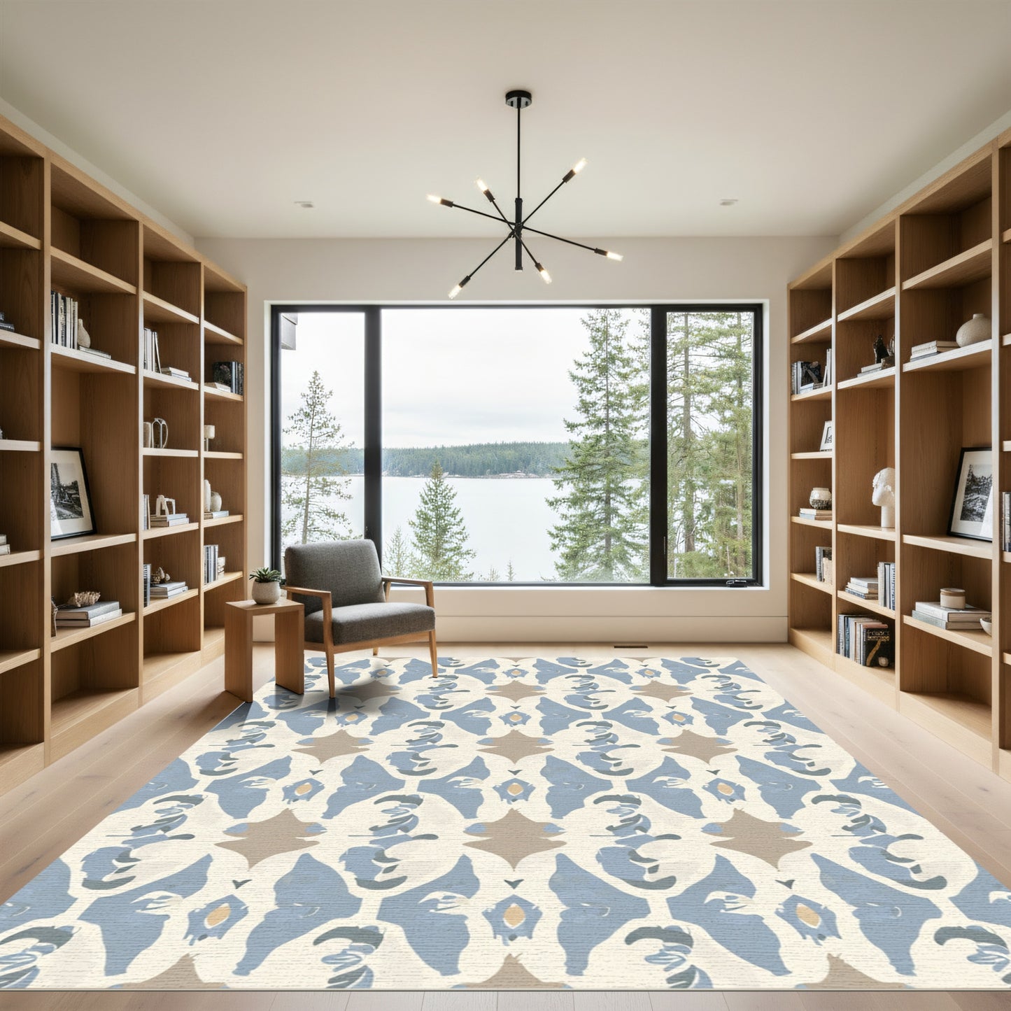 Pale Blue and Tan Abstract Damask Rug
