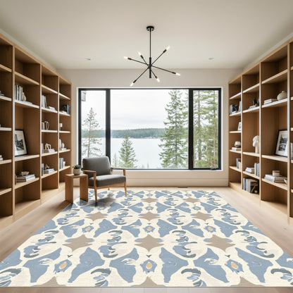 Pale Blue and Tan Abstract Damask Rug
