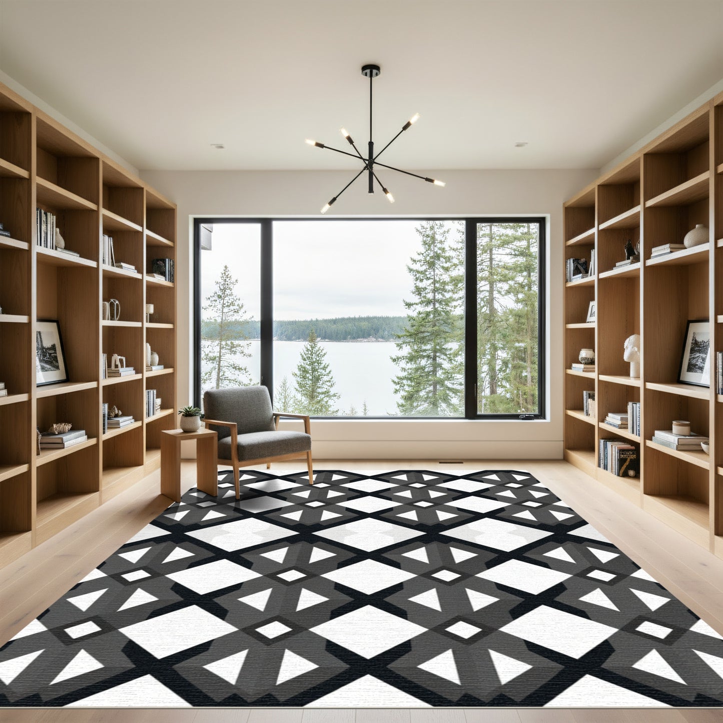 Black White Geometric Diamond Lattice Rug