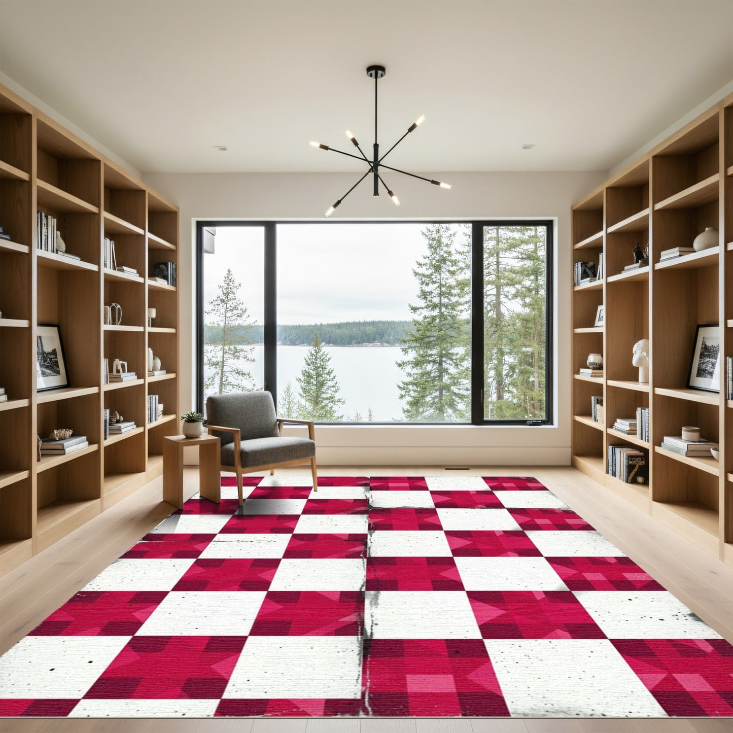 Crimson Geometric Checkered Star Rug