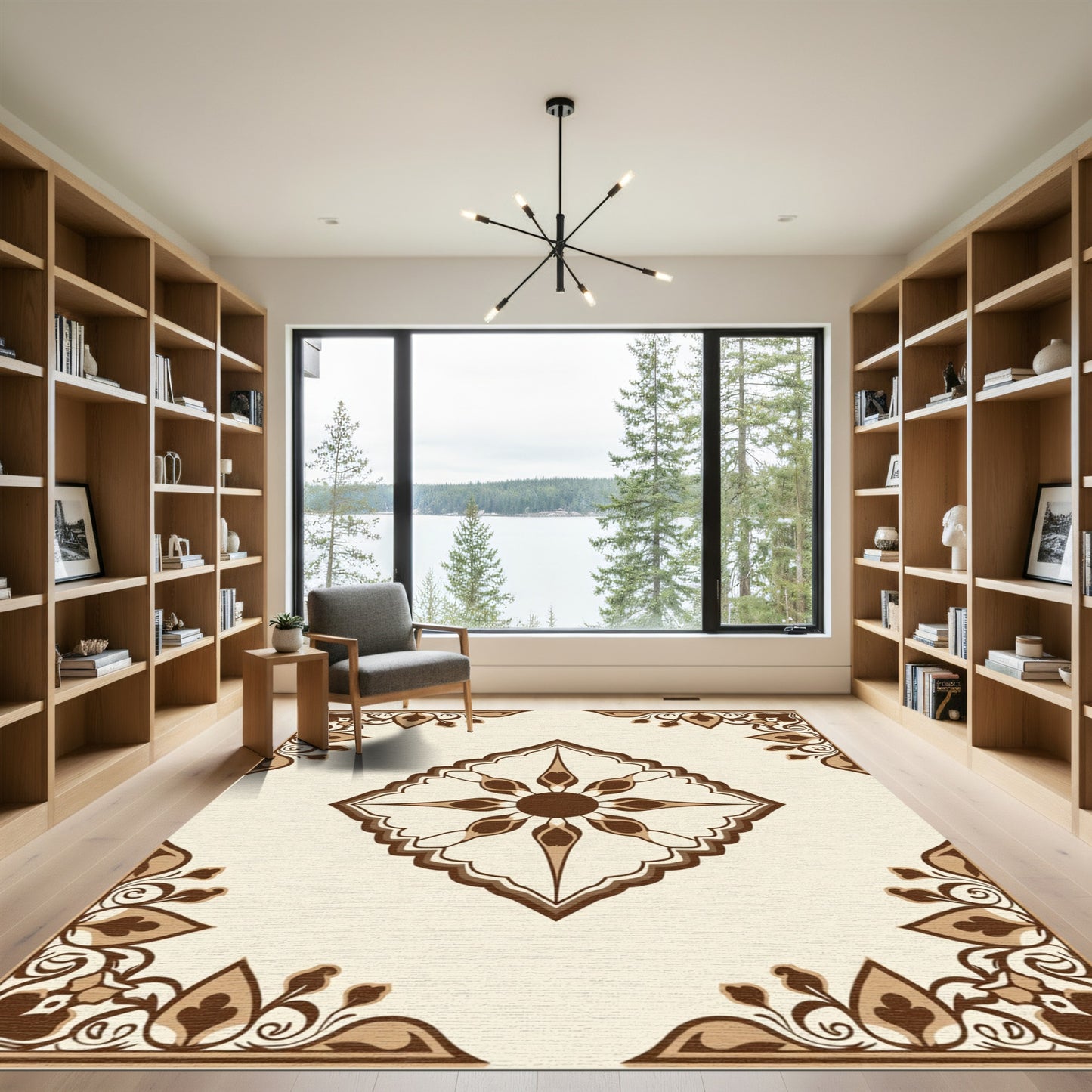 Beige Brown Floral Medallion Corner Art Rug