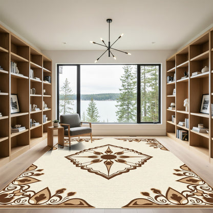 Beige Brown Floral Medallion Corner Art Rug