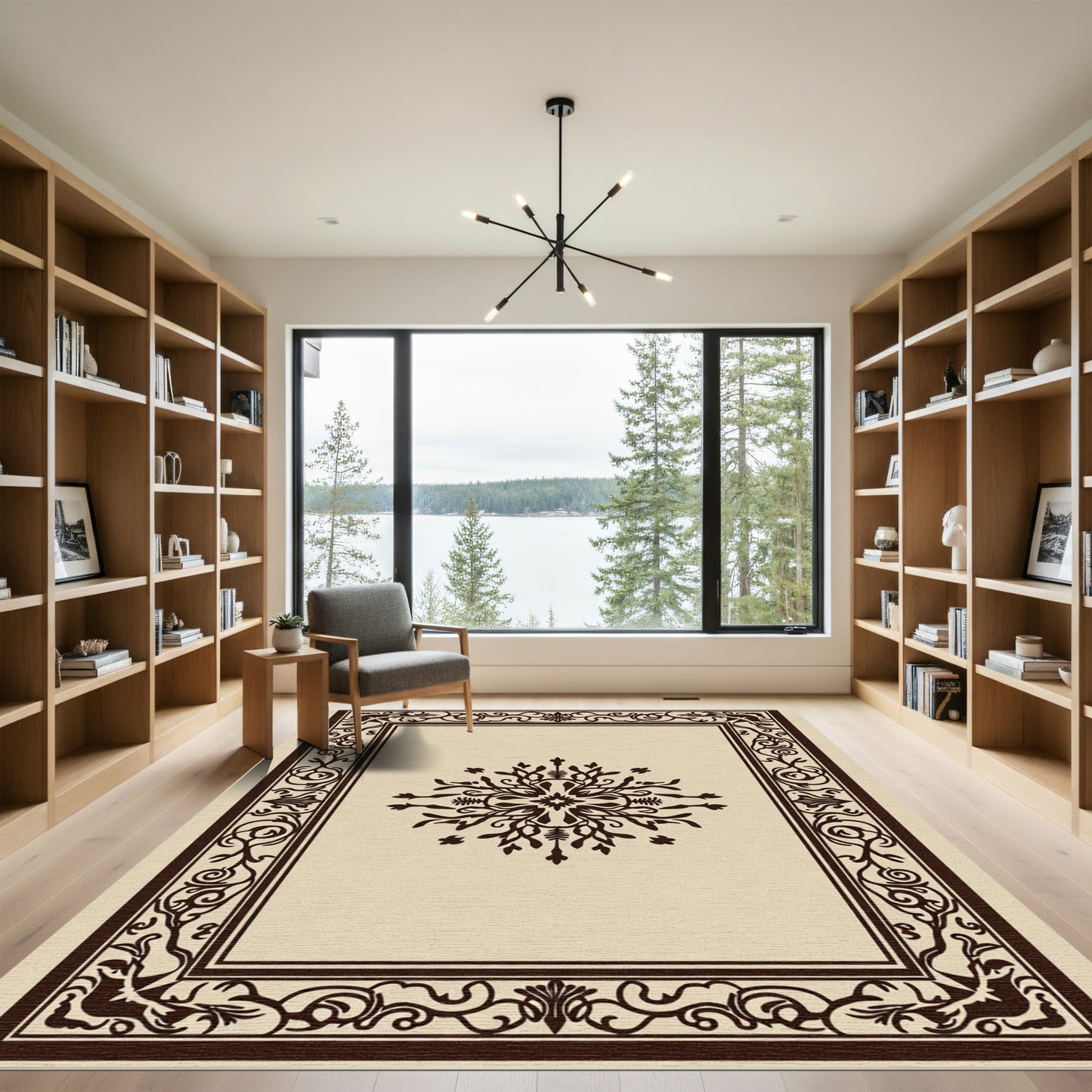 Dark Brown Floral Scrollwork Medallion Rug