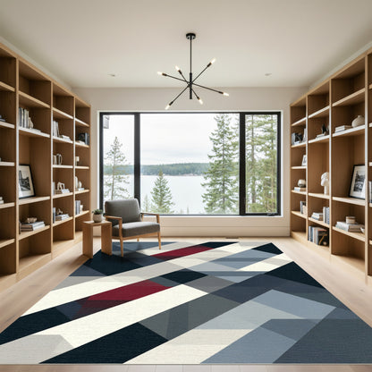Deep Crimson Geometric Stripe Rug