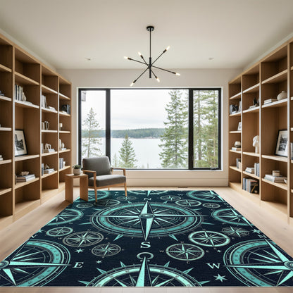 Celestial Teal Nautical Compass Map Rug