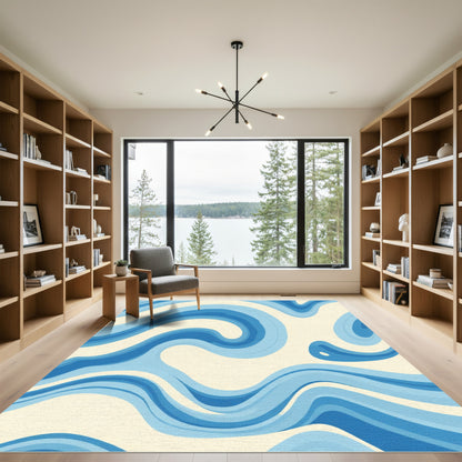 Retro Blue Ivory Swirling Waves Rug