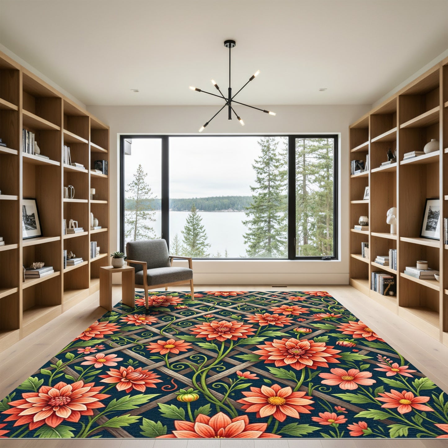 Coral Dahlia Floral Lattice Background Rug