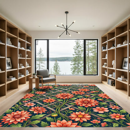 Coral Dahlia Floral Lattice Background Rug