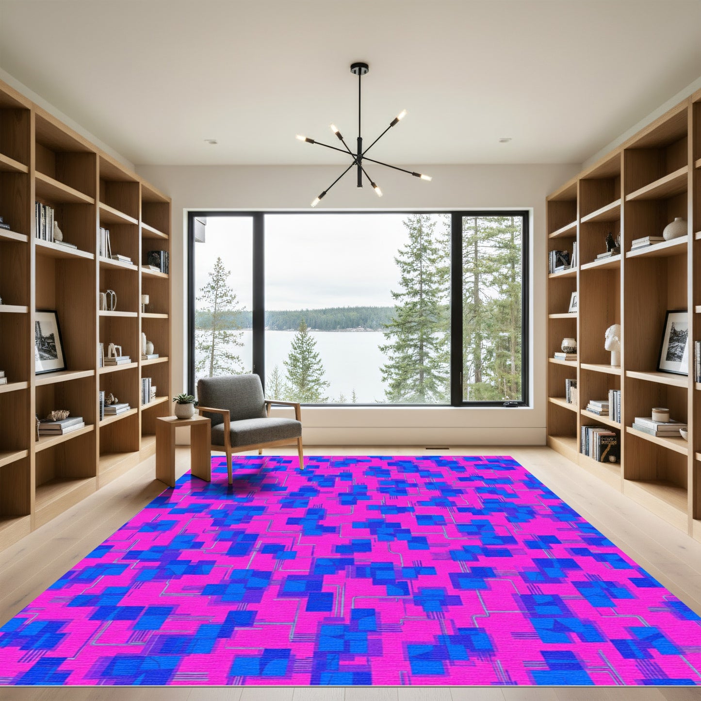 Bright Pink Blue Geometric Cubes Circuit Rug
