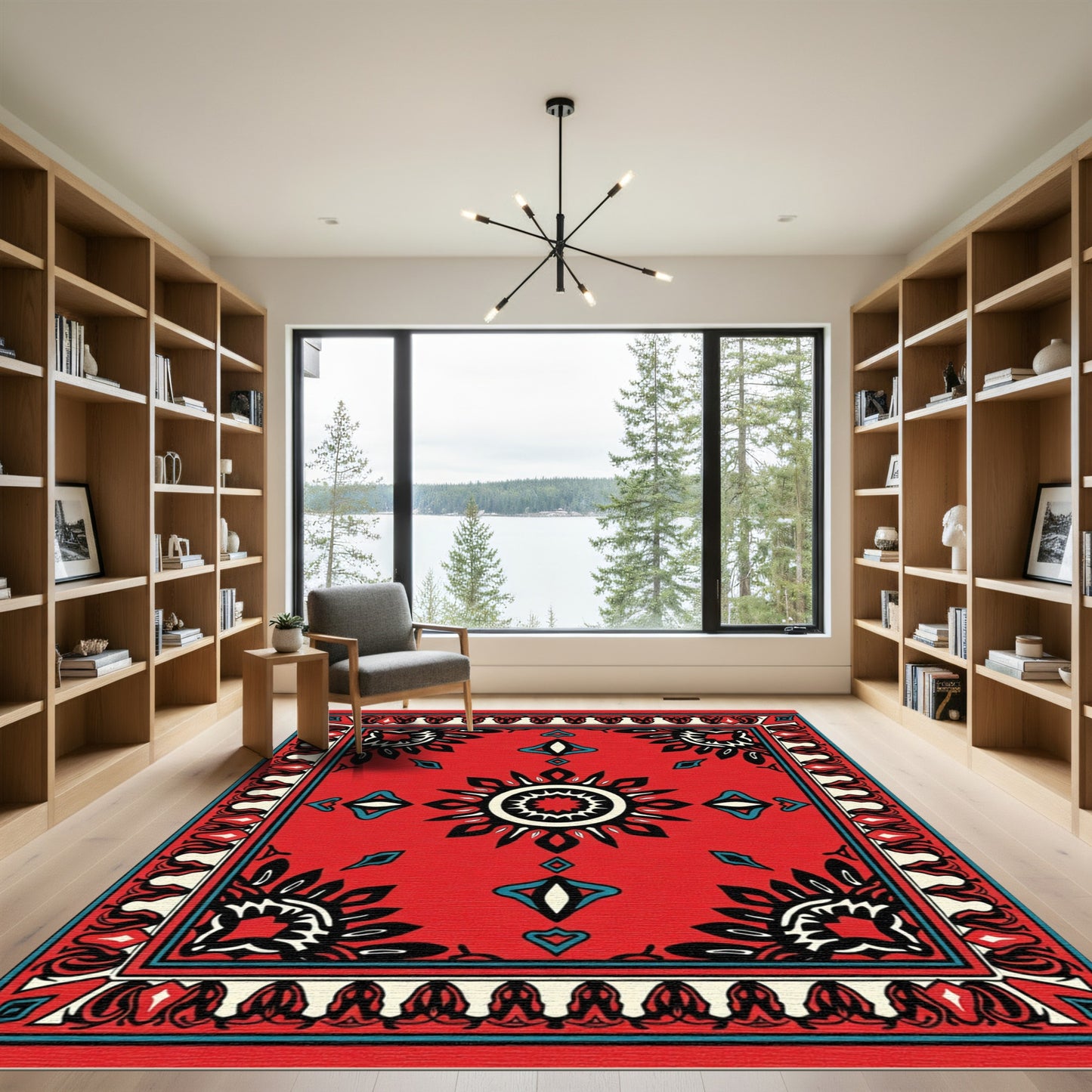 Vibrant Red Sunburst Diamond Border Rug