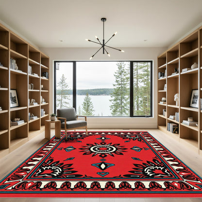 Vibrant Red Sunburst Diamond Border Rug