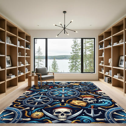 Navy Pirate Skull Nautical Helm Treasure Rug