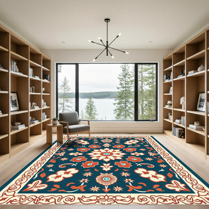 Crimson White Floral Medallions Dark Blue Rug