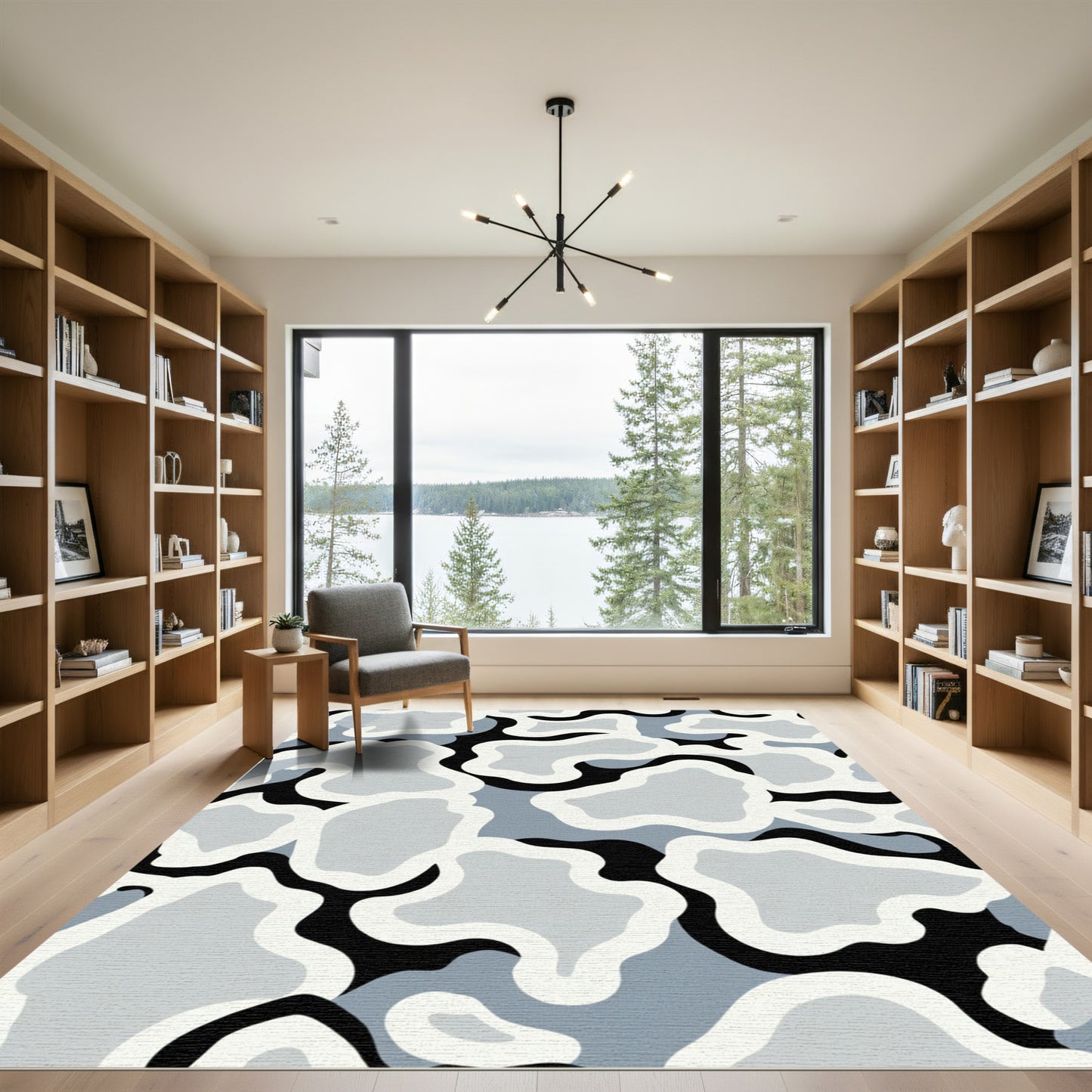 Abstract Gray White Black Amorphous Shapes Rug
