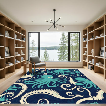 Whimsical Teal Octopus Swirls Rug