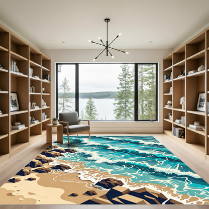 Abstract Turquoise Ocean Wave Shore Rug
