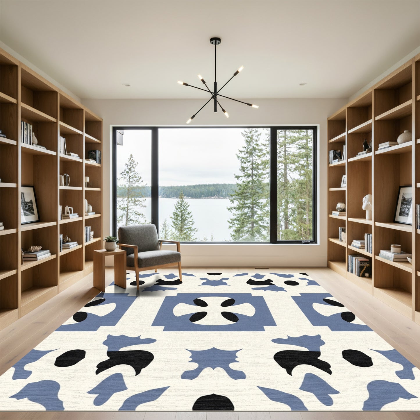 Cream Blue Abstract Quatrefoil Scroll Rug