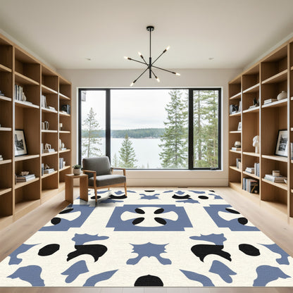 Cream Blue Abstract Quatrefoil Scroll Rug