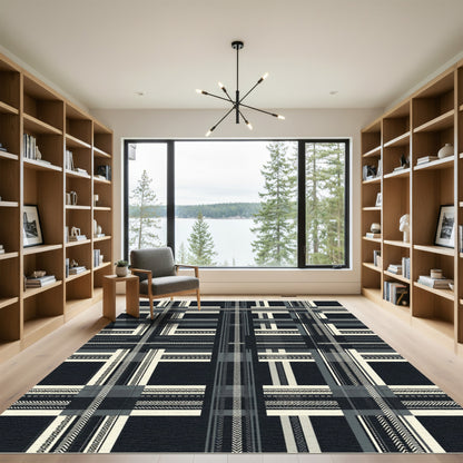 Monochrome Herringbone Plaid Geometric Grid Rug