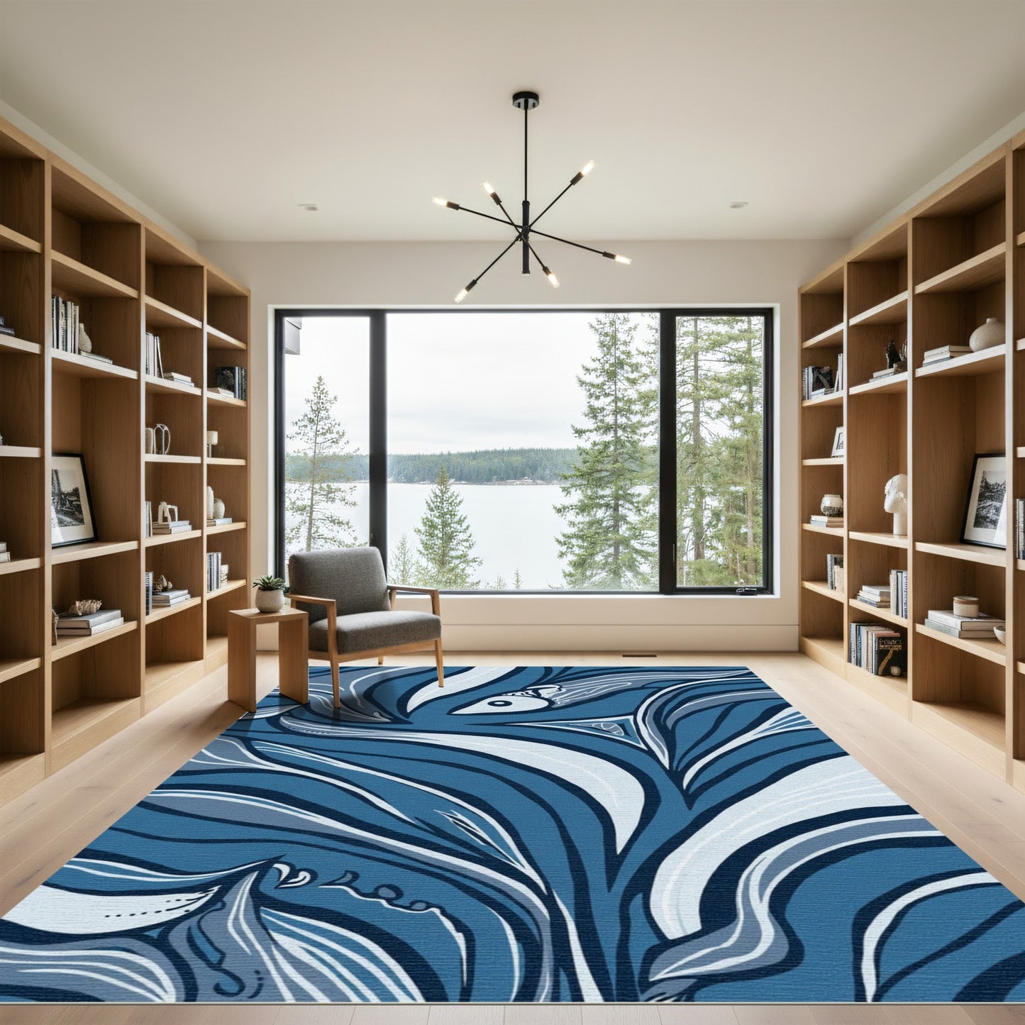 Navy Blue Abstract Whimsical Fish Rug