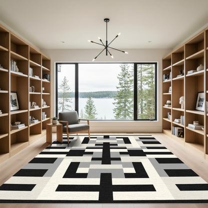 Modern Black White Geometric Abstract Rug