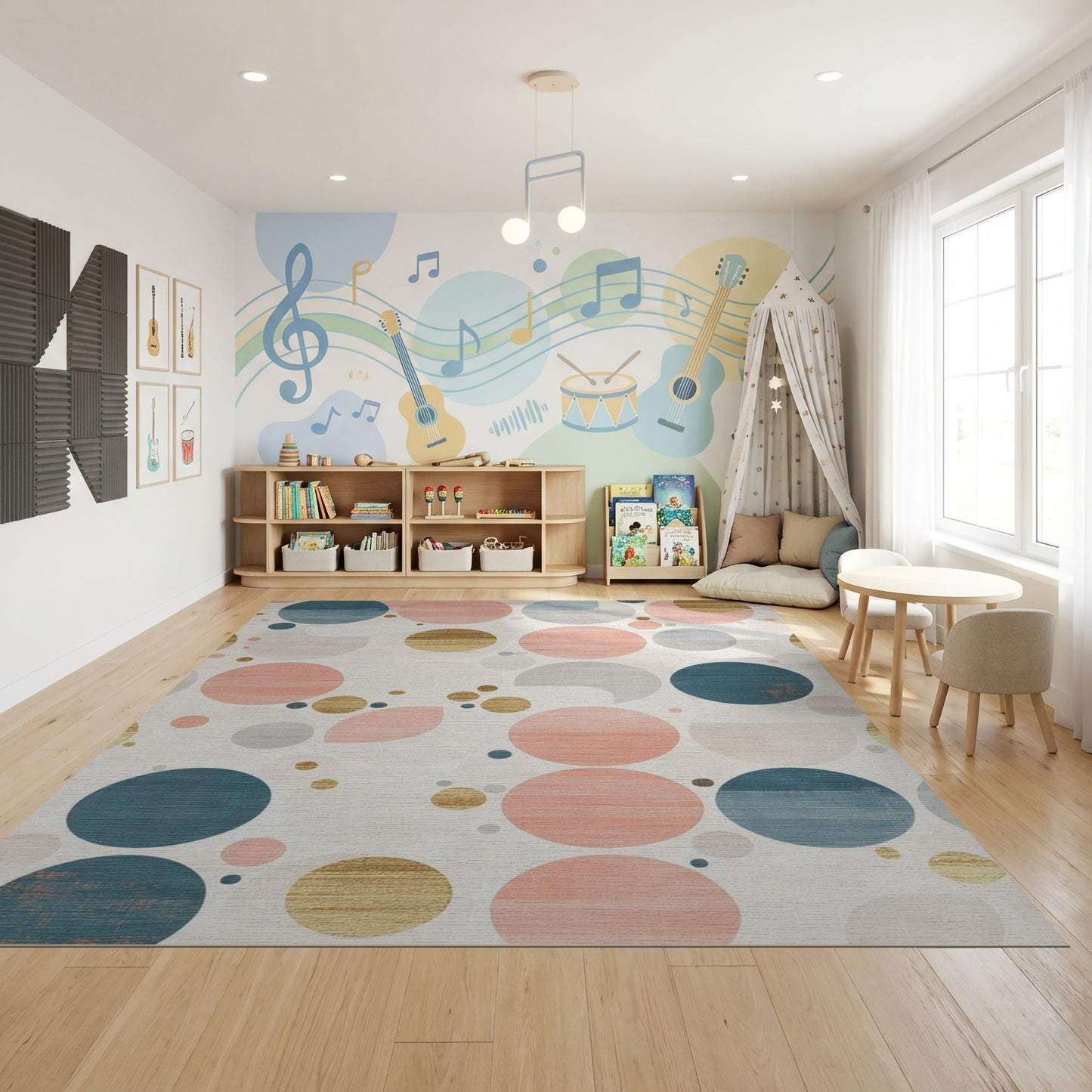 Abstract Teal Coral Gold Circles Rug