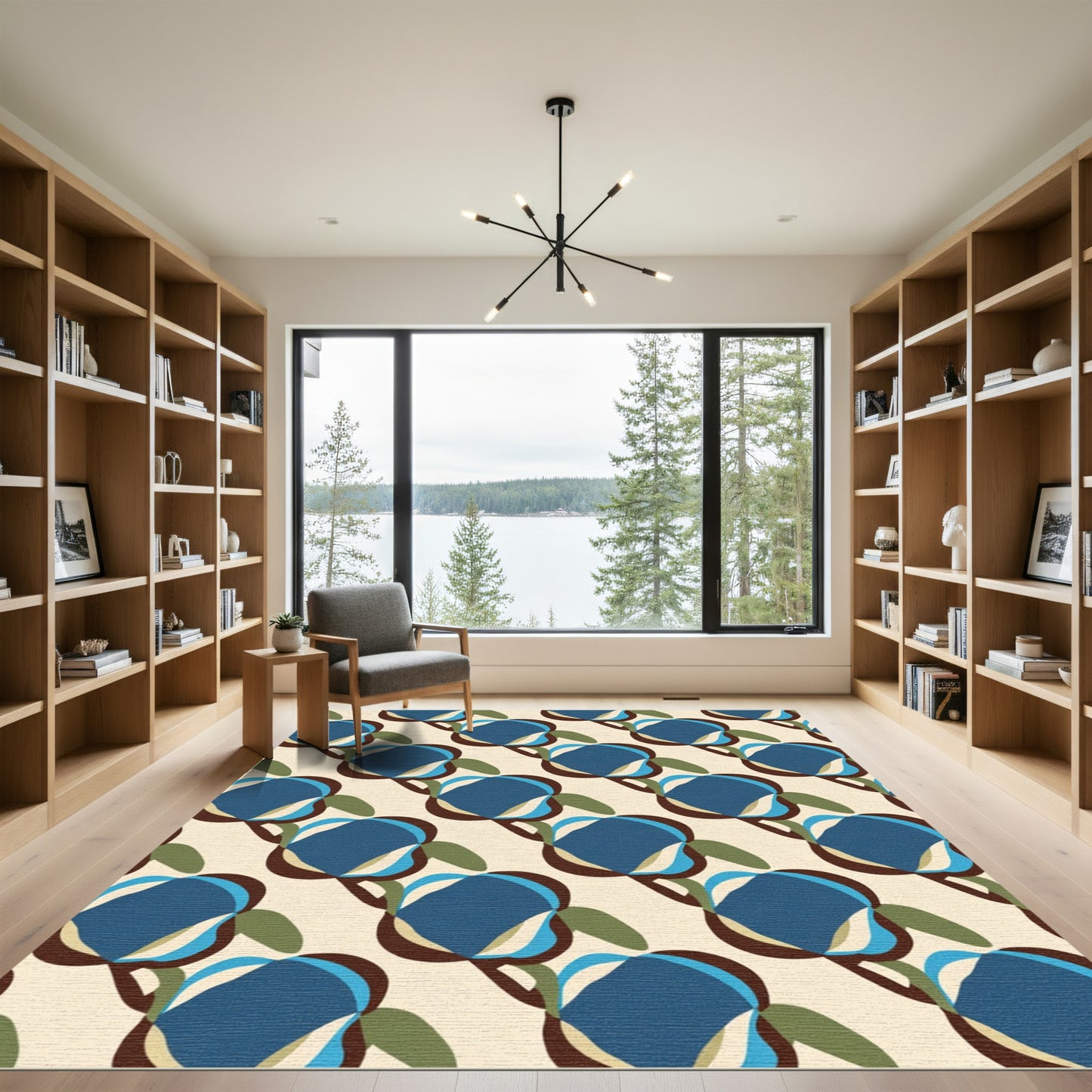 Retro Blue Floral Medallion Cream Rug