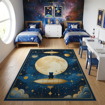 Navy Starry Golden Moon Bear Airship Rug