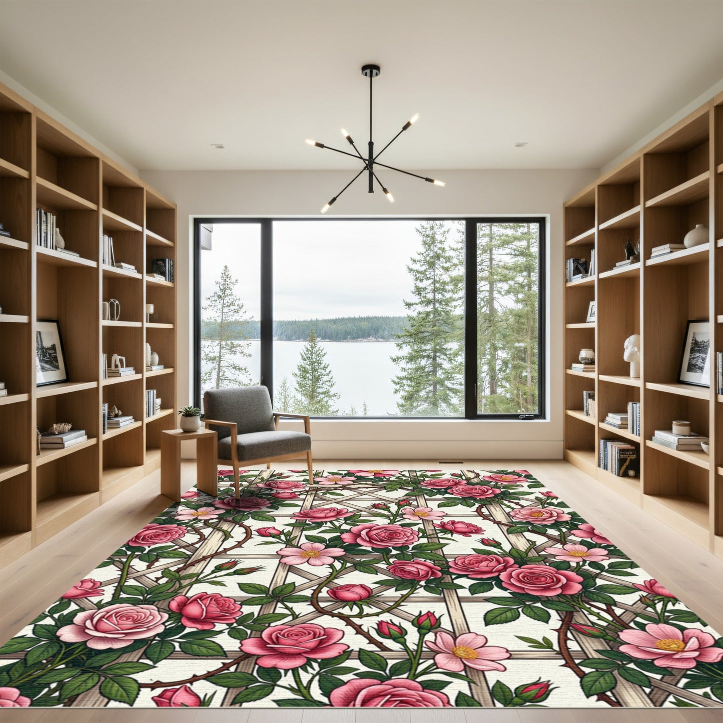 Romantic Pink Rose Trellis Floral Rug