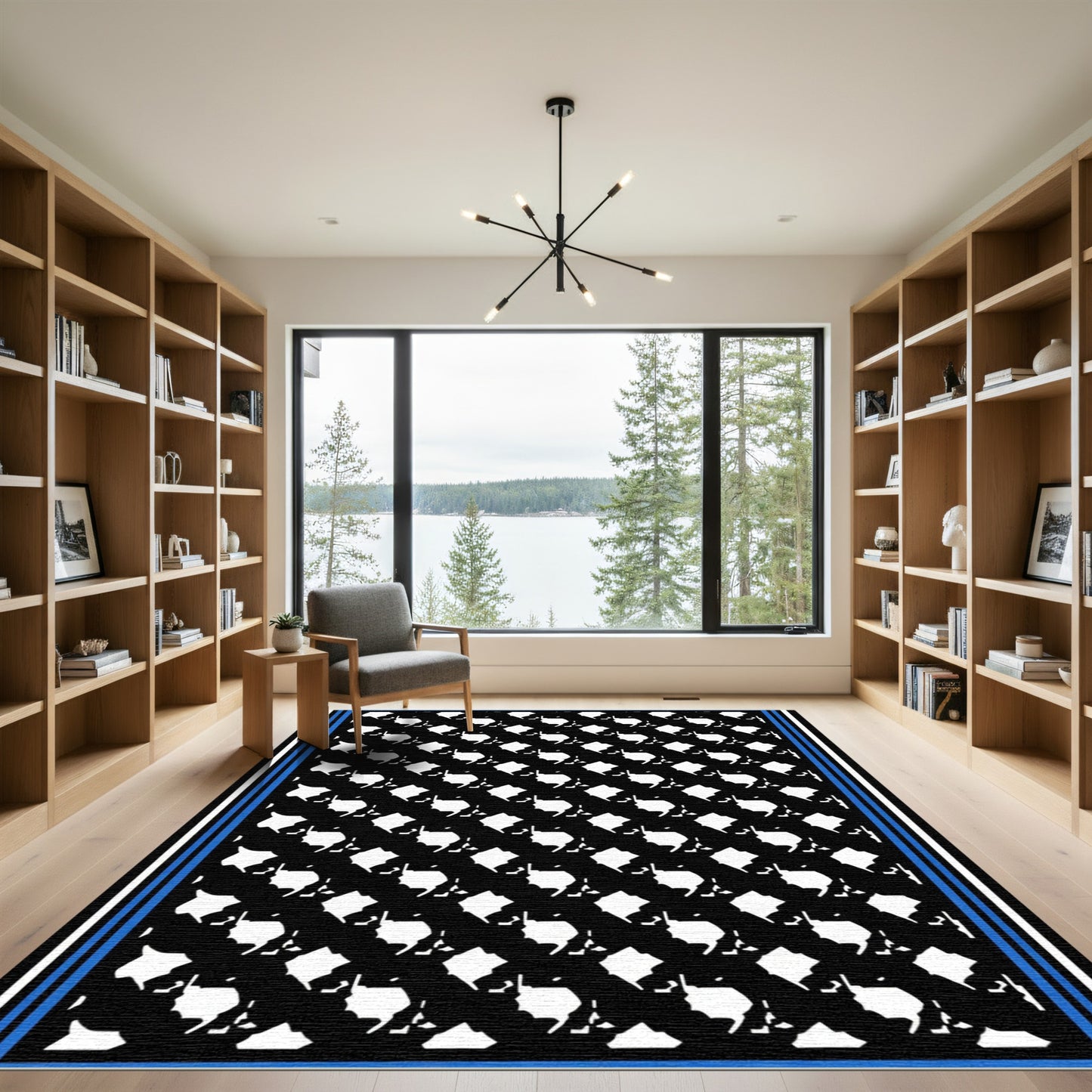 Bold Black White Geometric Symmetry Rug