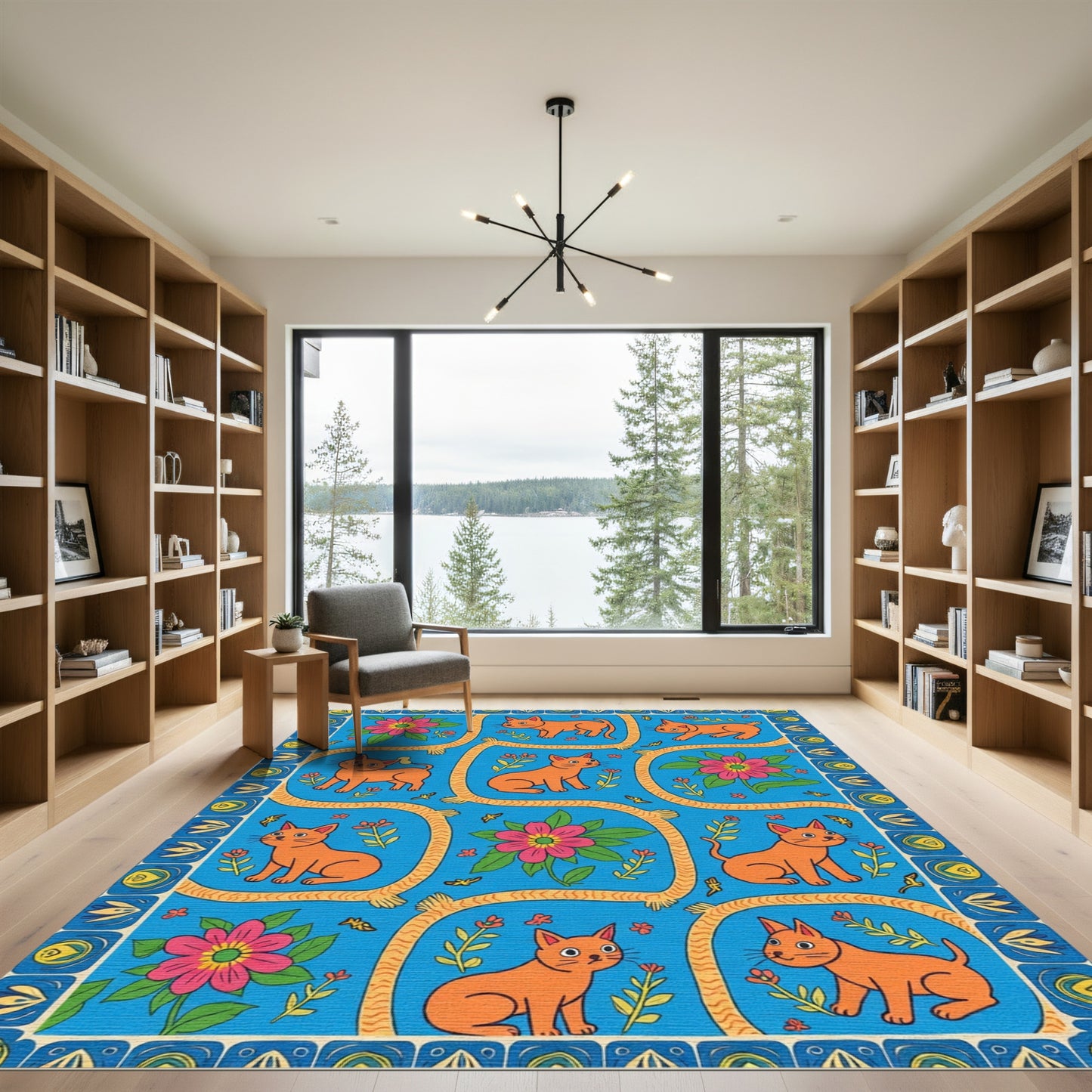 Playful Orange Cats Pink Flowers Border Rug