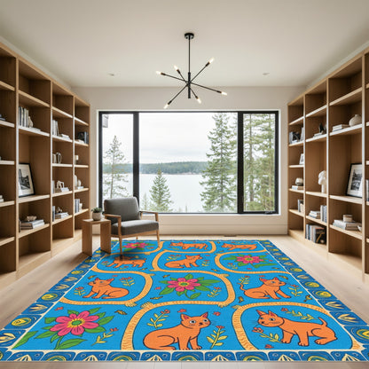 Playful Orange Cats Pink Flowers Border Rug