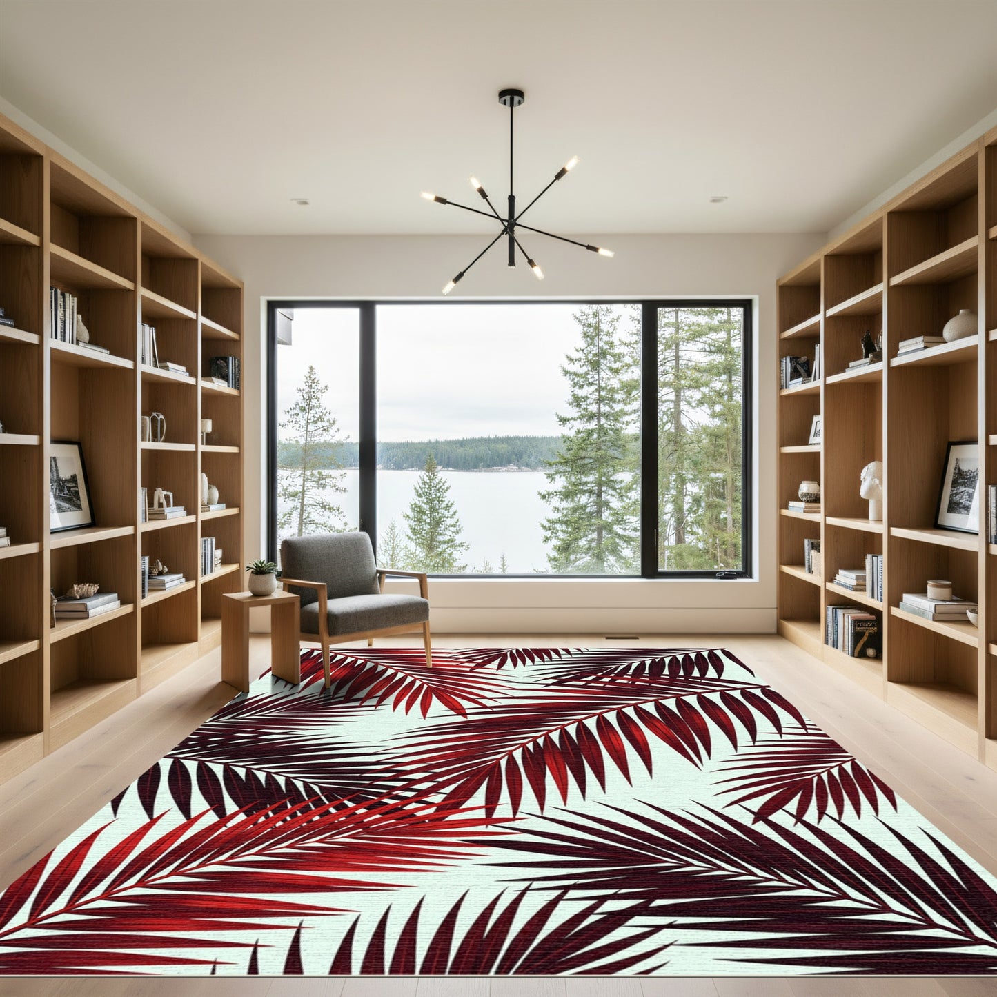 Deep Red Tropical Palm Fronds Rug
