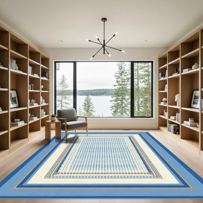 Blue Gray Geometric Grid Layers Rug